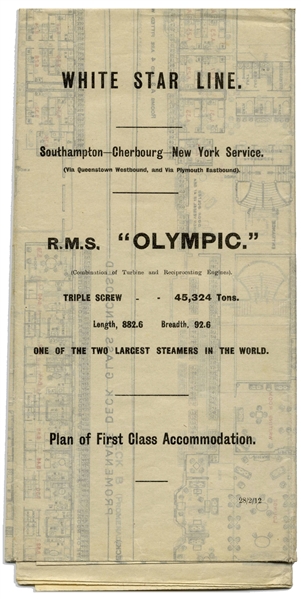 Fold-Out Deck Plans to the White Star Line's RMS Olympic From 1912 -- The Largest Ocean Liner in the World From 1911-1913 Only Surpassed for a Brief Period by the Titanic